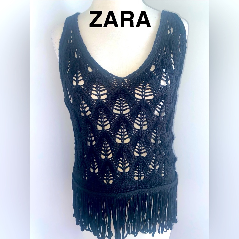 ZARA Black Crochet Fringe Tank Top - Size L - NEW